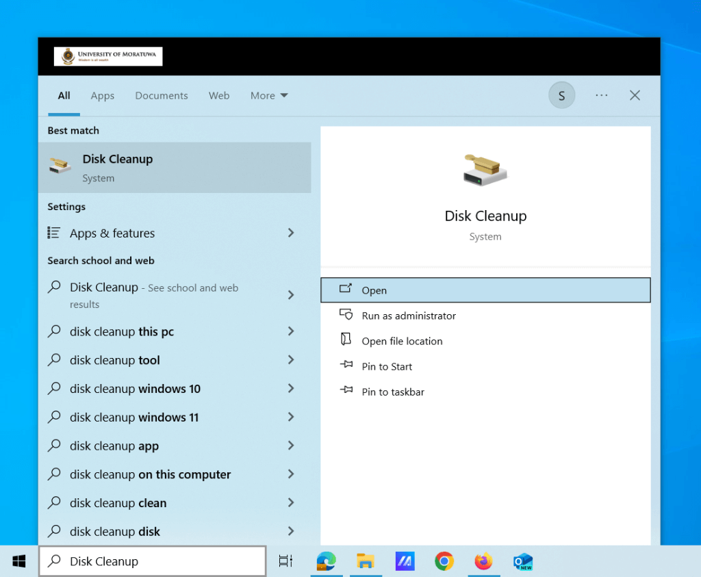 Image about how to access the disk cleanup using search bar