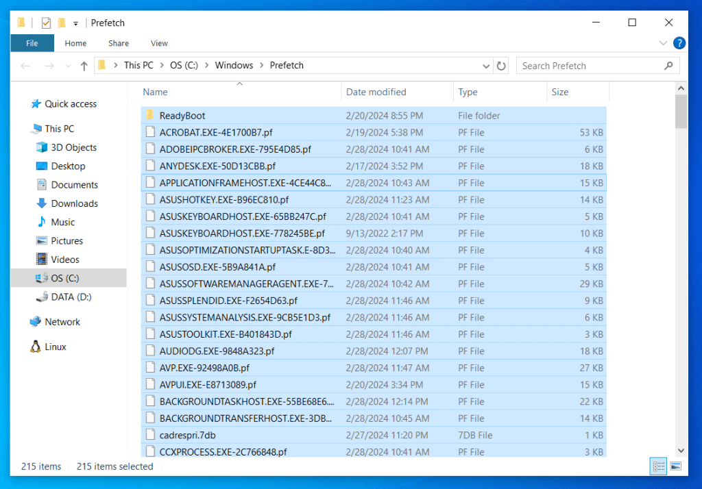 Image of the prefetch folder