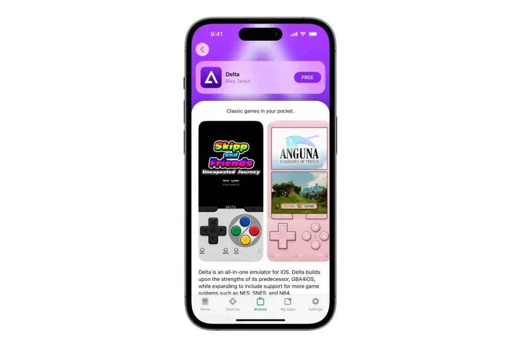 Delta emulator running a retro Nintendo game on an iPhone via AltStore PAL.