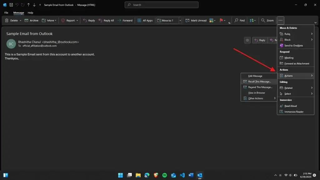 Action Menu for recalling an email in outlook