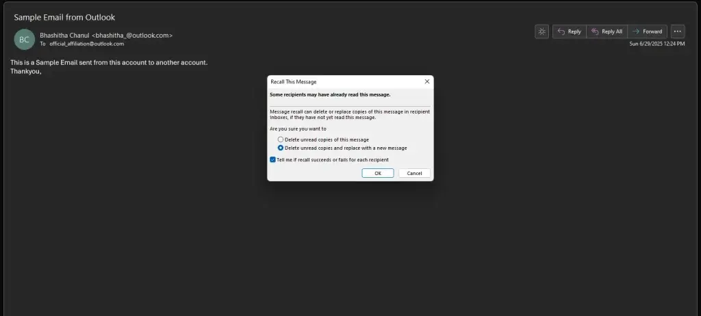 fixing typo in "how to recall an email in outlook"