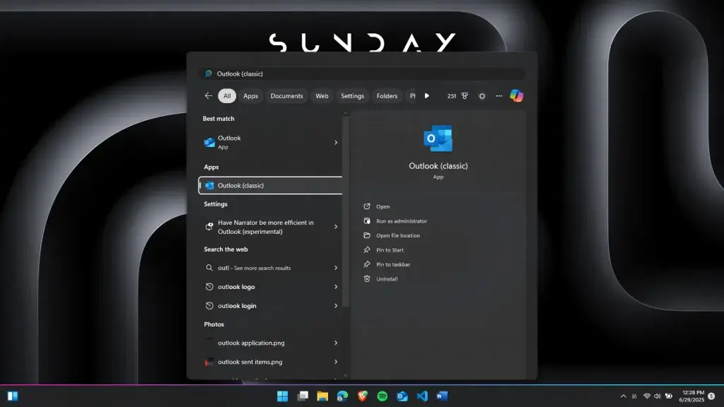 Search Outlook from the start menu
